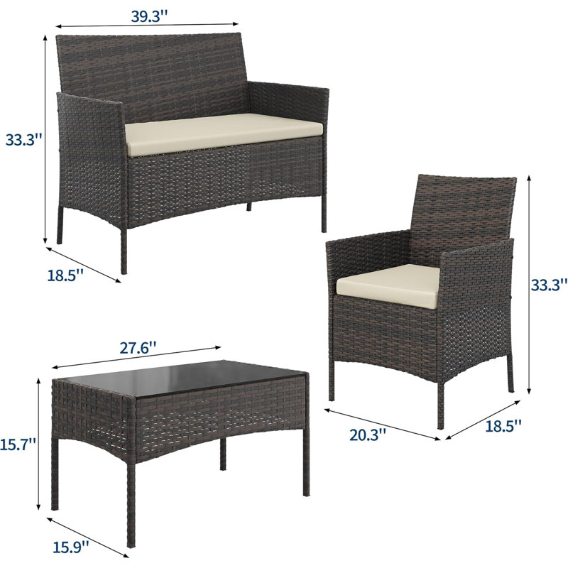 Ensemble de conversation en rotin de rotin 4 pièces, 2 chaises, 1 causeuse et 1 table basse, ensemble de sièges d'extérieur pour patio, porche, balcon et bistro