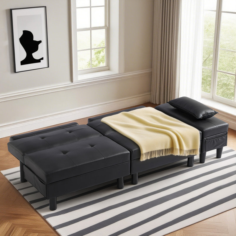 Upholstered Convertible Reclining Sleeper Sofa Bed With Versatile Ottoman, 2 Soft Pillows, Black