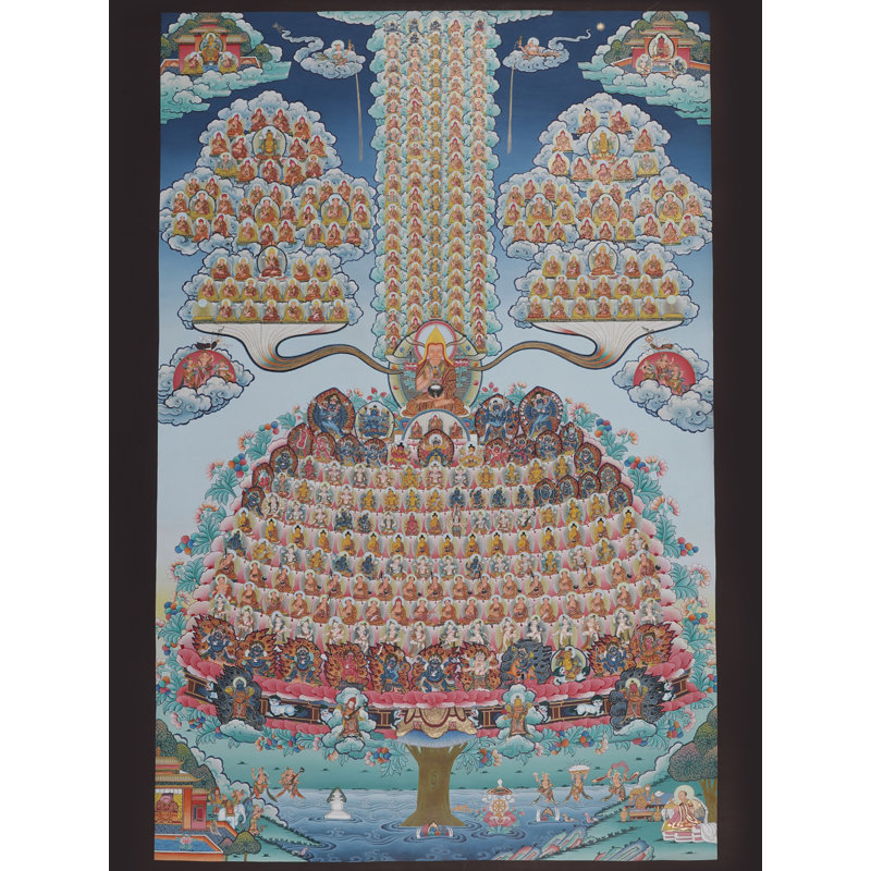 Arbre de mérite peint à la main «Thangka» Gura Puja - 36 po, art mural bouddhiste tibétain, or 24 carats, offrande spirituelle et décor de méditation