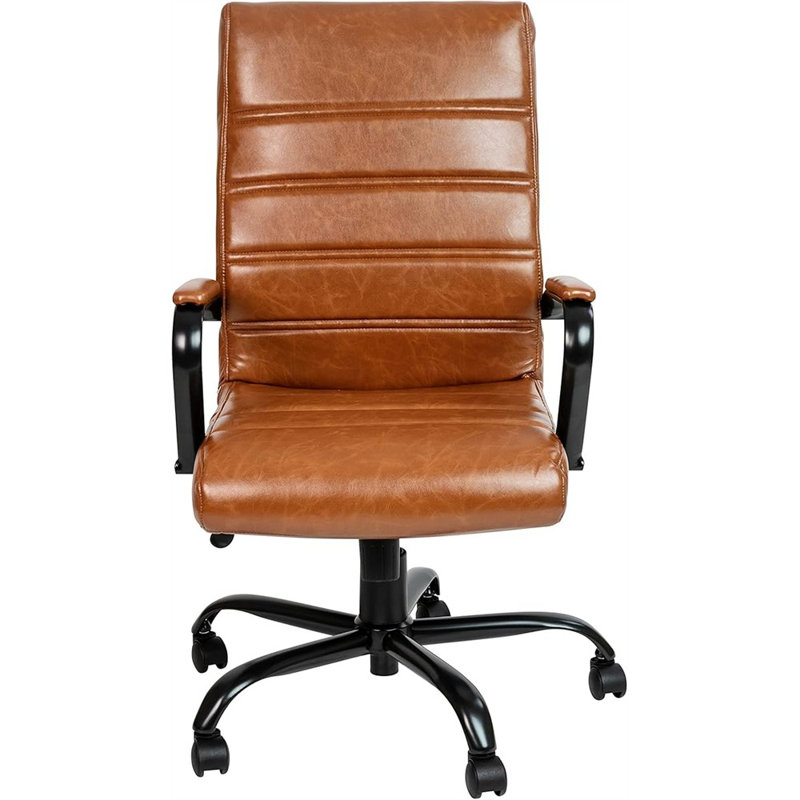 Fauteuil de bureau pivotant à dossier haut en cuir noir EMMA + OLIVER avec structure et accoudoirs noirs, Noir, Noir