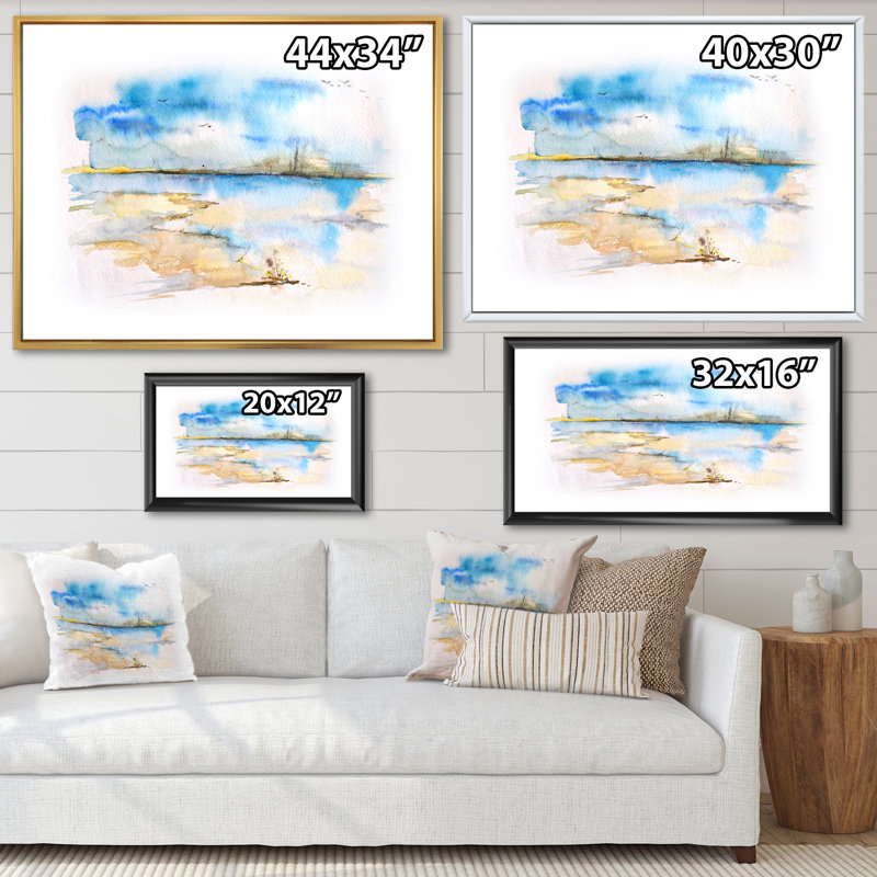 Vue de la plage avec l'horizon de l'océan - Peinture sur toile, Cadre noir, H 25 po x l 33 po x P 1 po