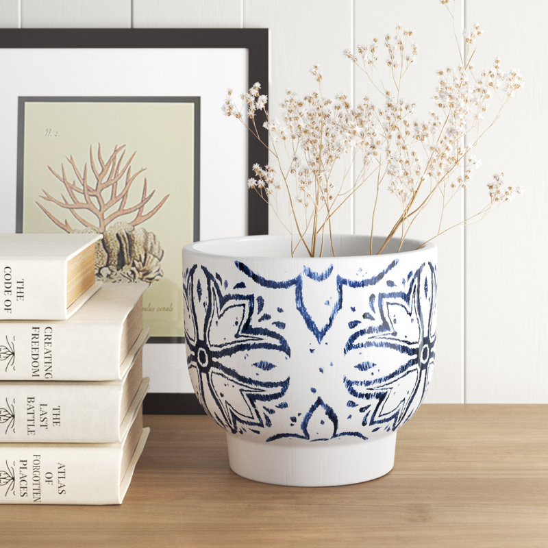Killam White and Blue Mediterranean-Style Ceramic Cachepot