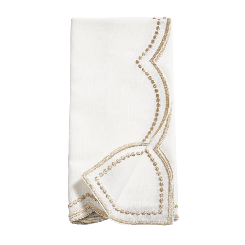 Embroidered Polka Dot Napkin w/ Scallop Edge (Set of 4), White/Gold