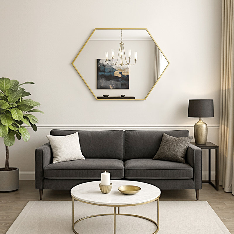 Modern Metal Framed Hexagon Wall Mirror, Gold, 34" x 24"
