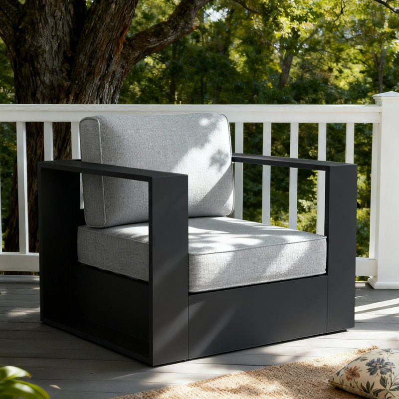 Chaise d'extérieur moderne en aluminium avec coussins, Coussin gris / cadre noir
