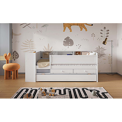 Multi-Functional Twin Size Daybed with Trundle, Headboard Storage and Tables, USB Charging Station