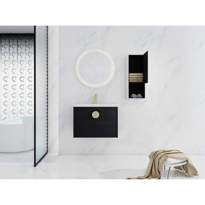 Meuble-lavabo 28 po avec lavabo en céramique et compartiment latéral - tiroir de lavabo contemporain d'aspect blanc