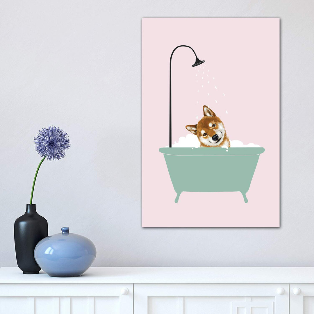Shiba Inu Enjoying Bubble Bath by Big Nose Work - Wrapped Canvas Print
