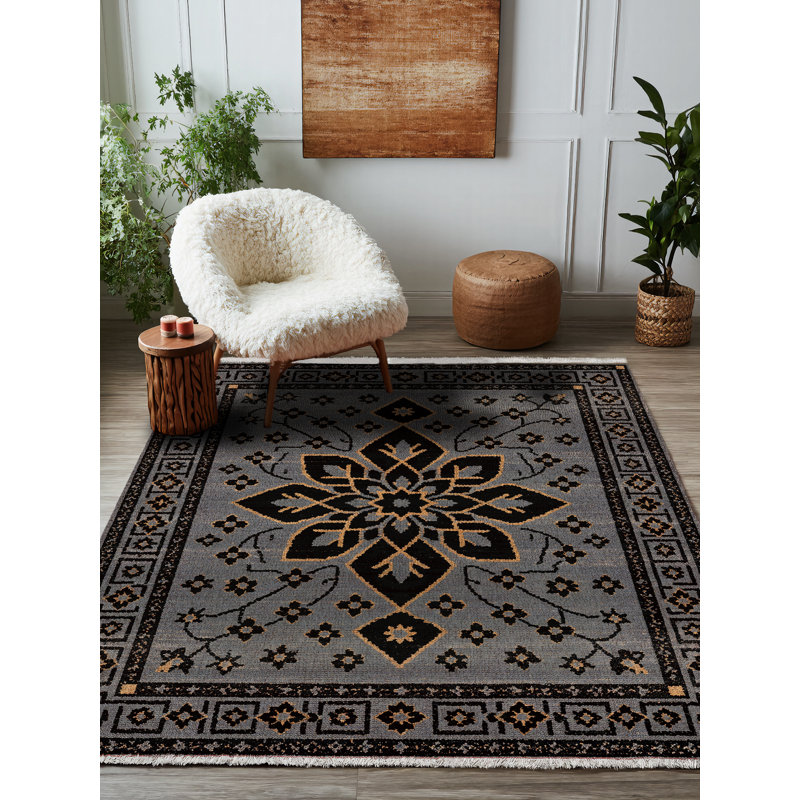 Gretell Collection Digital Print Cotton-Polyester Grey Floral Rug, Round 3'4"