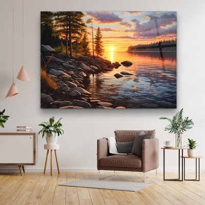 Horizontal Tempered Glass Wall Art Lake Sunset Wall Art Rocky Shore Landscape Nature Decor UV Printed Easy Install Living Room Bedroom Entryway Office Over Bed 43,4"W x 27,7"H