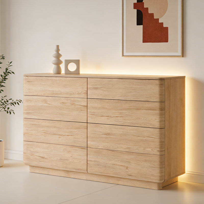 52"W Modern 8 Drawer Double Dresser, Wood Tall Chest of Drawers with Curved Profile Design, Natural Oak
