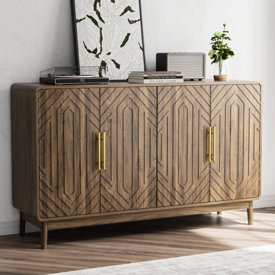 Buffet minimaliste à 4 portes pour garder votre couloir bien rangé. Il comporte un bord incurvé, un panneau à couches réglables et une poignée dorée. Fabrication. Dimensions: L 53,91 po x l 16,13 po x H 33,29 po multifonctionnel
