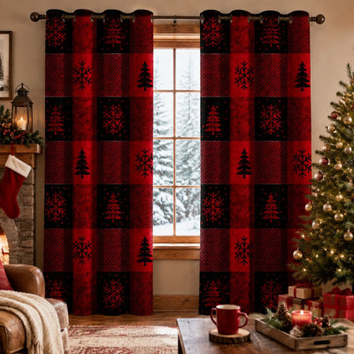 2 pièces de rideaux de Noël à motif écossais Buffalo, imprimé flocon de neige et arbre, motif tartan rétro bloquant le soleil pour la décoration des fêtes du salon