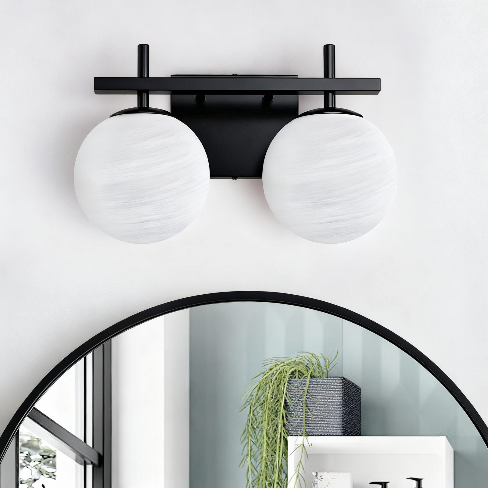 Bathroom Vanity Light With Round Shape Cloud Glass Shade, 2,  Matte Black