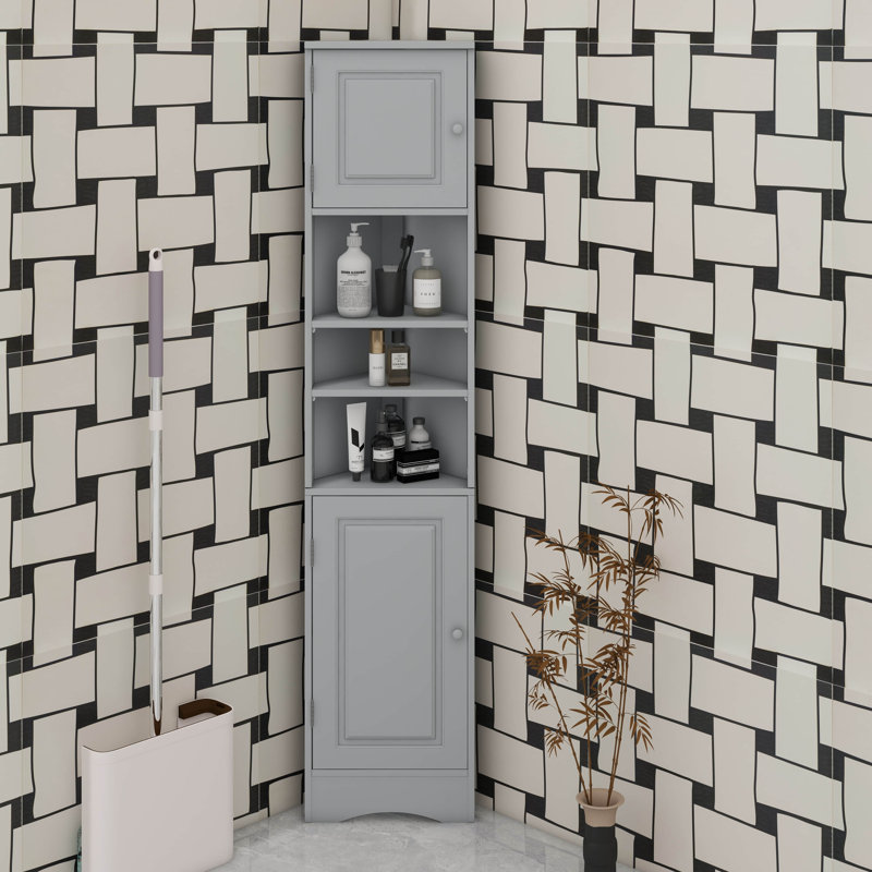 Grande armoire de coin étroite et étroite pour la salle de bain, petite armoire de rangement multifonctionnelle en bois mince avec portes et tablettes