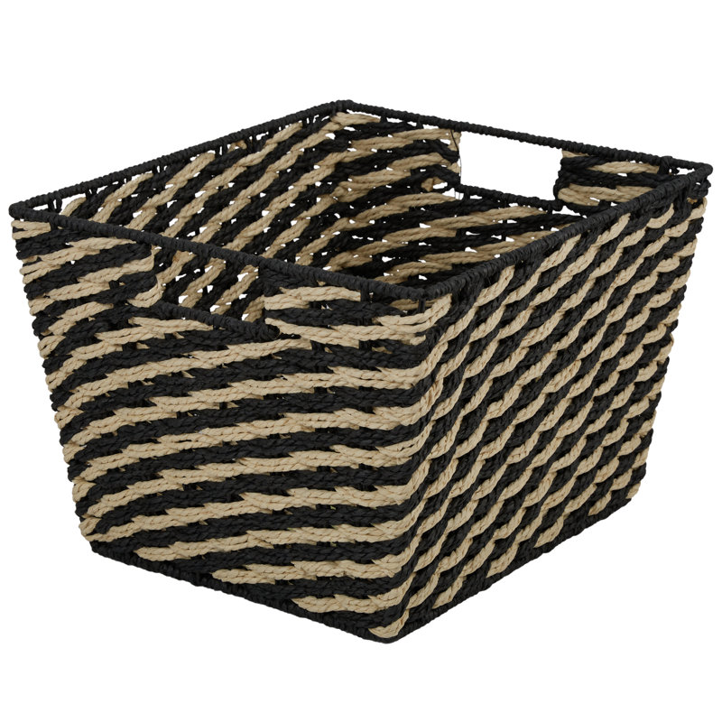  Medium Striped Woven Basket In Black, 10" H x 12.9" W x 14.9" D, Black