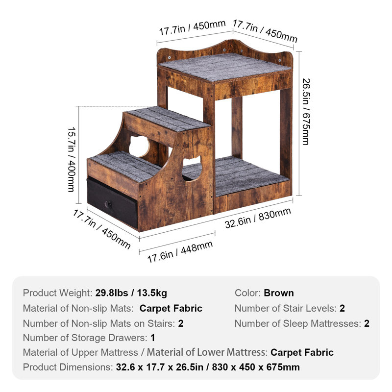Lit superposé pour animaux de compagnie avec escalier amovible, perchoir avec rangement pour chien / chat, canapé-lit à plusieurs niveaux pour lit de chevet, plateforme pour petit siège pour animal de compagnie, utilisation à l'intérieur (brun rustique)