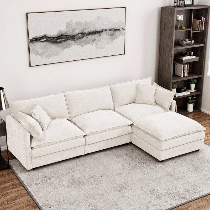 102" Chenille L-Shape Modular Sectional – Memory-Foam Cloud Seats, Movable Ottoman, DIY Bed or Chaise. No-Tool 30-Min Assembly