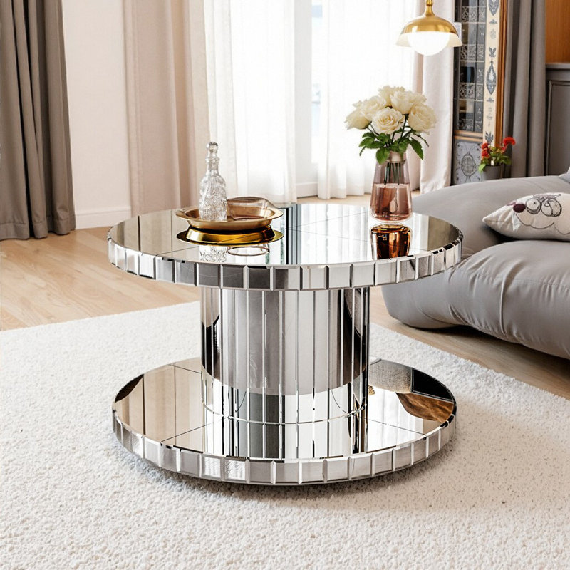 Table basse moderne à deux niveaux avec miroir rond et verre cannelé - Table d'appoint et de canapé de luxe de 31,5 po de diamètre avec salon