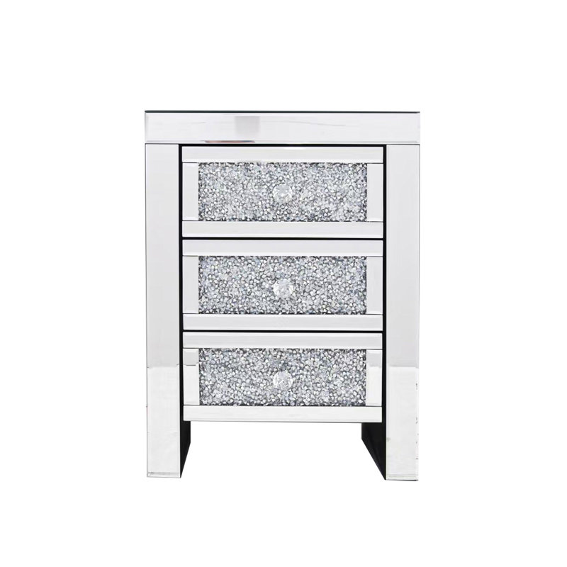 Table de chevet moderne à miroir 23 "H 17,3" l 23,6 "avec 3 tiroirs - Armoire de rangement en cristal, table d'appoint Glam pour chambre à coucher ou salon