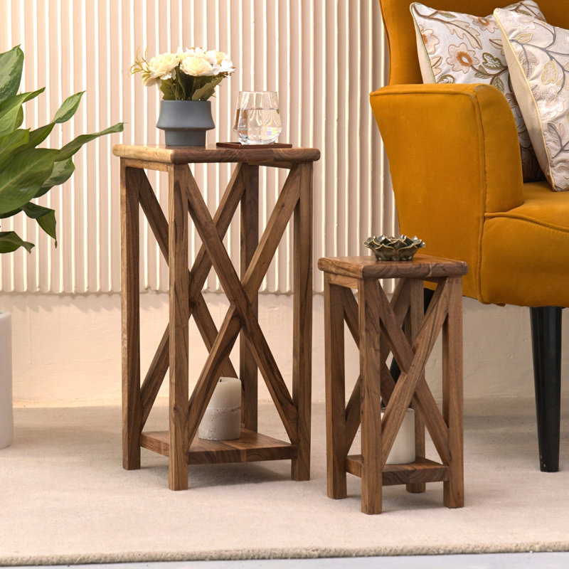 Set of 2 Solid Wood Nesting Tables Rustic Accent Side Tables with Open X-Frame Design Espresso, Natural