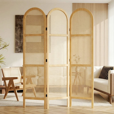 5.6 ft. Pine Wood & Hand-Woven Rattan Room Divider - Freestanding Japanese Modern Minimalist Privacy Screen