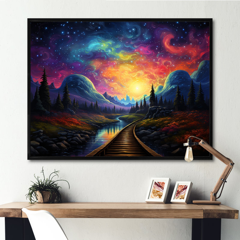 «Starry Night Train Traces To The Sky I» - art mural train, Cadre flottant noir, H 34 po x l 44 po x P 1,5 po