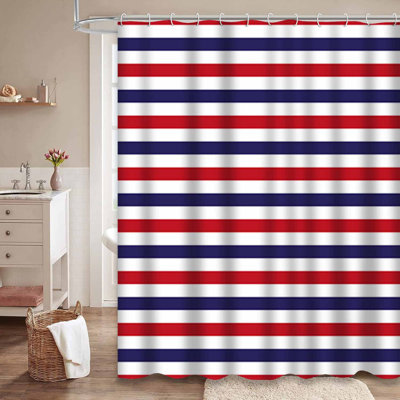 Red White Blue Stripe Fabric Usa Navy Shower Curtain with 12 Hooks