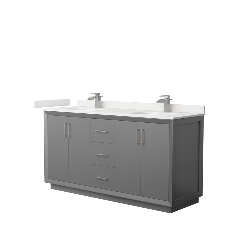 Strada 66'' W Double Vanity, Brushed Nickel, White Quartz, Dark Gray