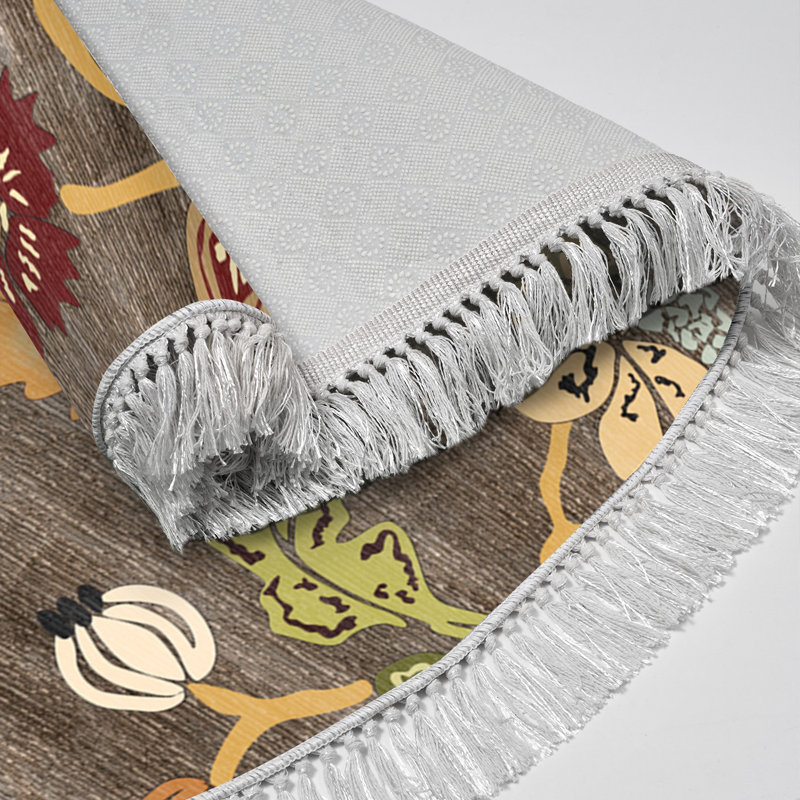 Tapis ovale floral en polyamide tissé à la machine couleur café, Ovale 5 pi 3 po x 7 pi 7 po