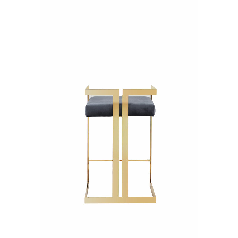 Upholstered Counter Stool with Metal Frame, Gold, Gray