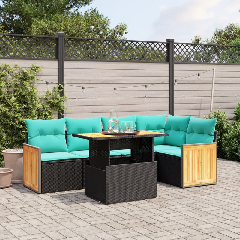  Ensemble de canapé de patio 6 pièces avec coussins en rotin de polyester, Noir, Vert