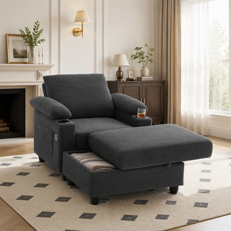 Ensemble de fauteuil d'appoint et repose-pieds avec rangement, méridienne convertible simple avec dossier inclinable, porte-gobelets et ports USB-C