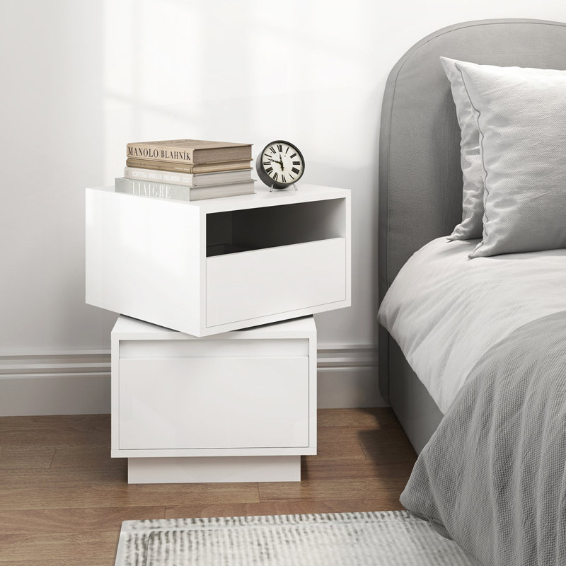 Rotatable Nightstand End Table Bedside Table Night Table 2 Drawer Dresser Wood Nightstand, White