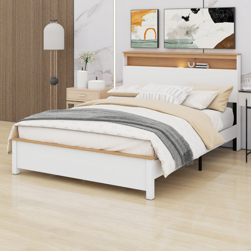 The Rustic Farmhouse Bed Frame With Storage Headboard Comes With A Built-In Charging Station, Queen