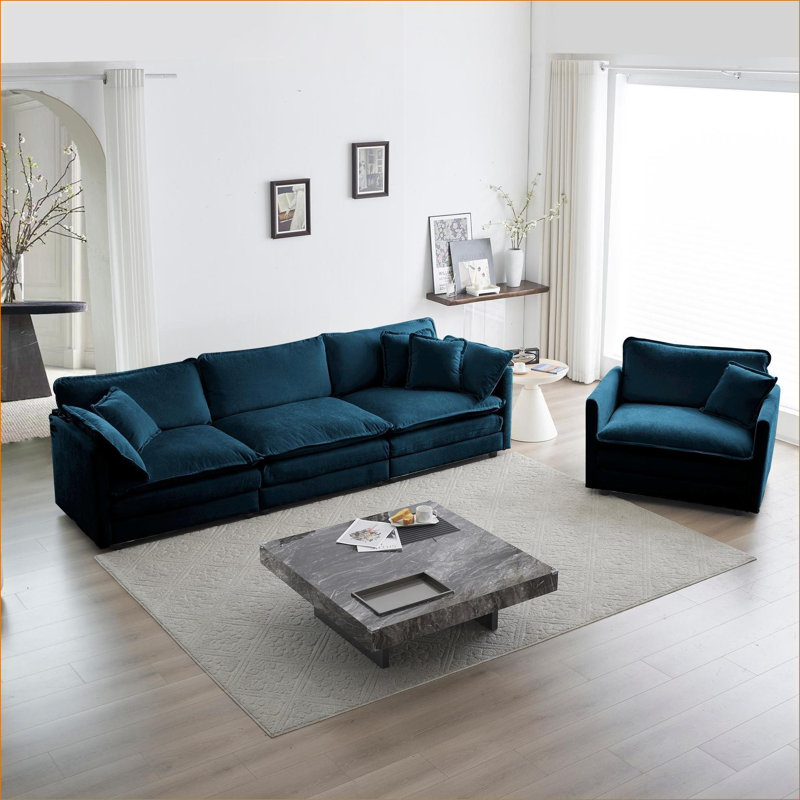 Ensemble de canapés modulaires, canapé 3 pièces à assise profonde 1 + 3 sièges modernes, structure en bois massif pour le salon | Bleu royal | Chenille