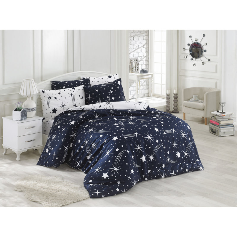 Ensemble de housse de couette 3 pièces en mélange de coton bleu foncé / blanc Bosley, Housse de couette double TG