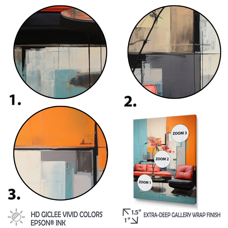Corail orange Mid Century, contrastes colorés sur toile, H 44 po x l 34 po x P 1,5 po, Cadre photo noir
