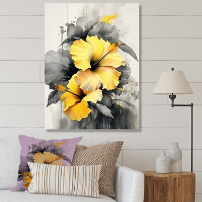 «Yellow and Grey Hibiscus Serenade», reproduction sur toile encadrée