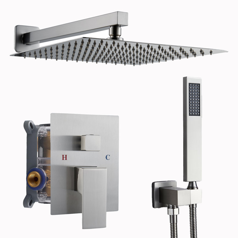 Rain Square Single Handle 1-Spray Shower Faucet 1.8 GPM With High Pressure 12 In. Shower Heads System , Brushed Nickel