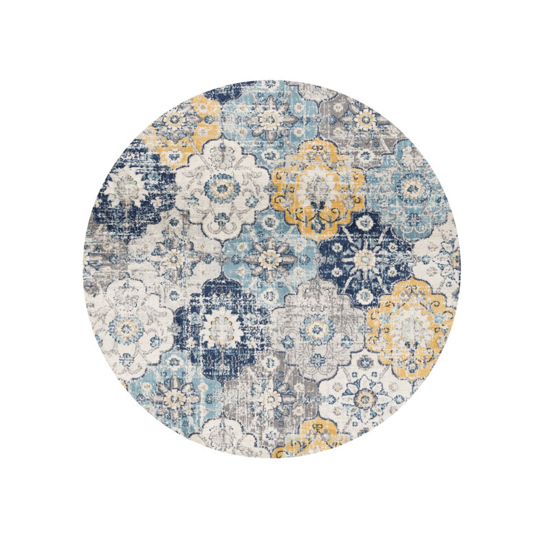 5' Blue and Gray Round Geometric Washable Non Skid Area Rug