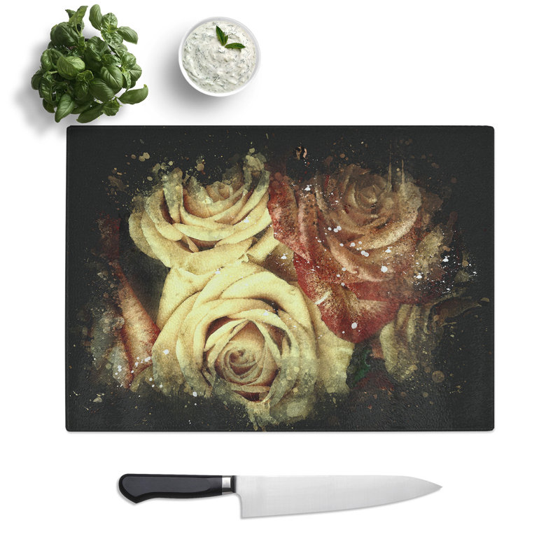 Tempered Glass View of the Roses Paint Splash Chopping Board, 28.5 cm x 39 cm