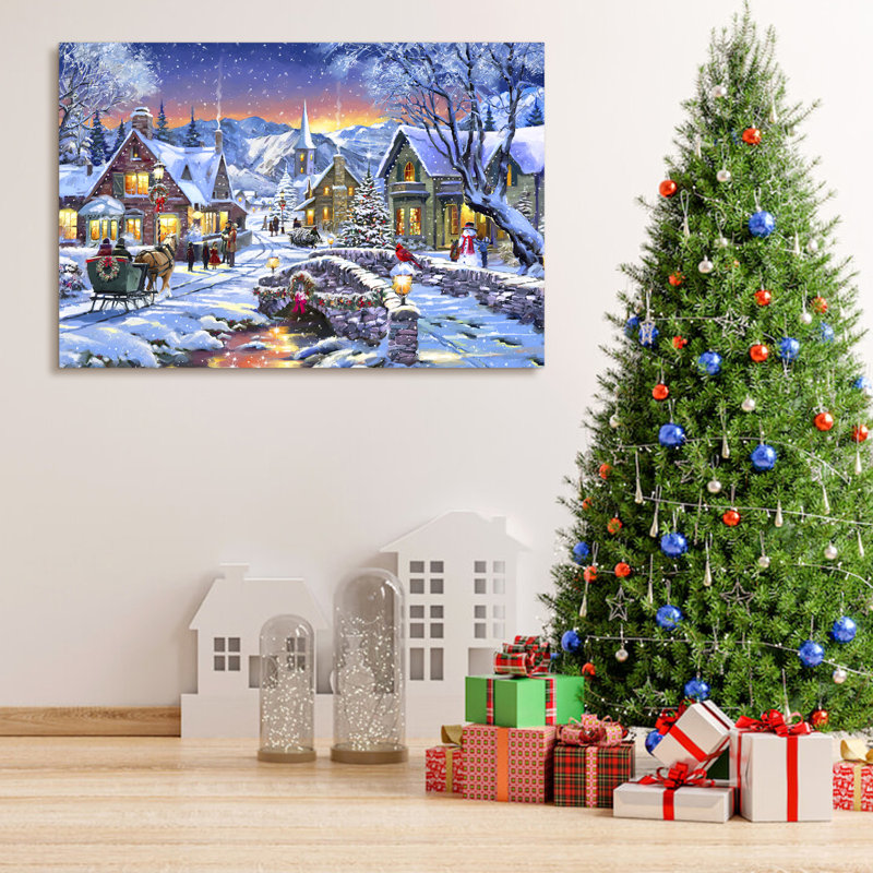 Reproduction d'art encadré sur toile, peinture de Noël, ville de neige, décoration pour cadeau de Noël, bureau, salle à manger, salon, salle de bain, décoration de chambre à coucher prête à être accrochée sur toile