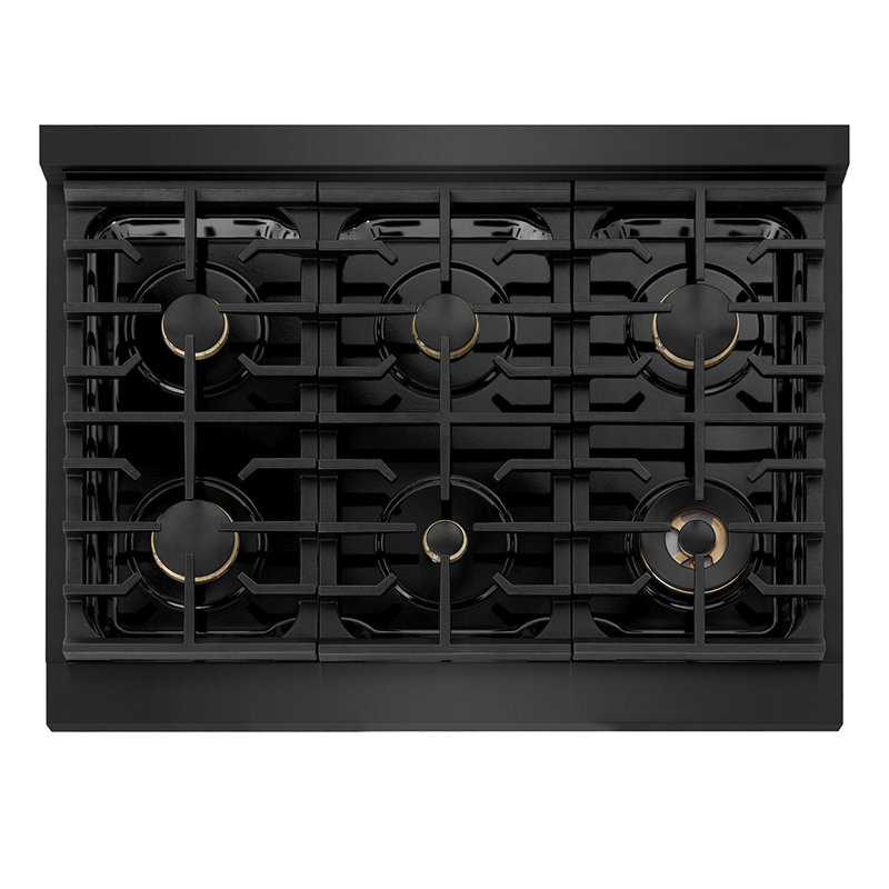 ZLINE Autograph 36 in. Paramount Dual Fuel Range in Black Stainless Steel and Gold Helix Handle, Bronze