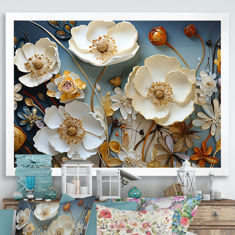 Jaune et gris coquelicots, art liquide - art floral sur toile, Cadre d'angle fermé blanc, H 12 po x l 20 po x P 1 po