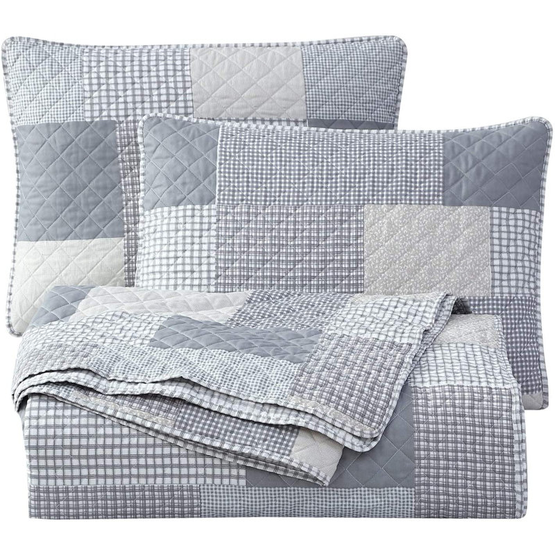 Pre-Washed Lightweight Plaid Printed Patchwork Quilt Set , Queen Quilt + 2 Standard Shams