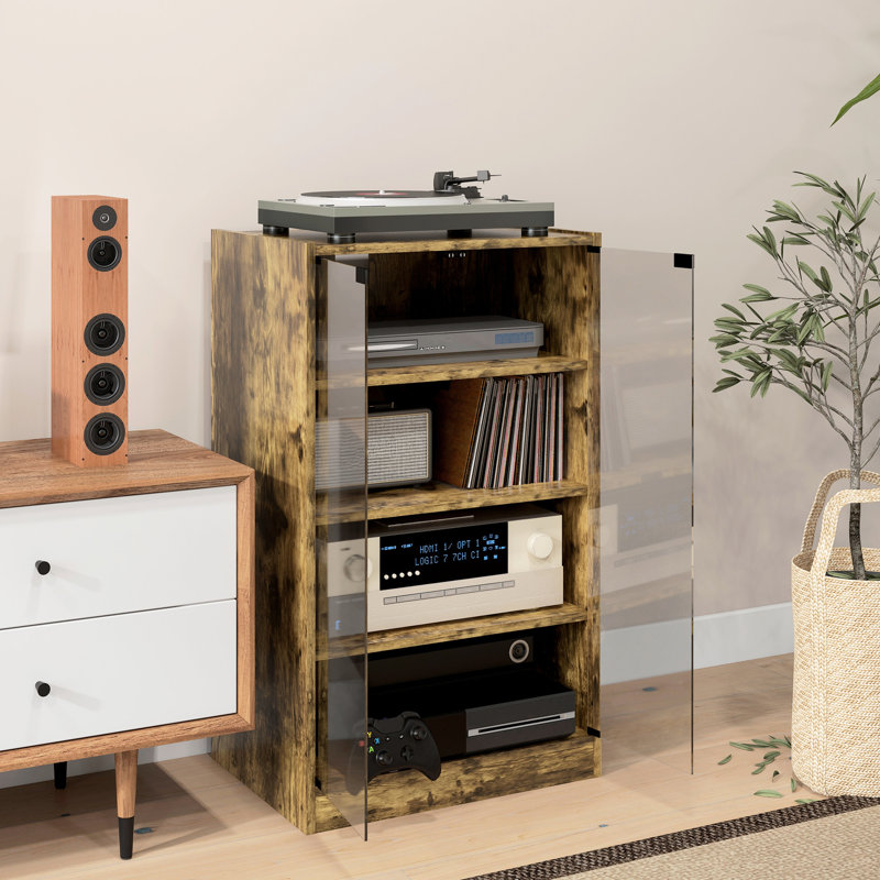 Rustic Brown Media Storage Cabinet - 4 With Adjustable Shelves, Tempered Glass Doors For Player, Receiver, Gaming Console, Electronics, Laptop Storage, Cabinet, Door, Cable Management Electronics And