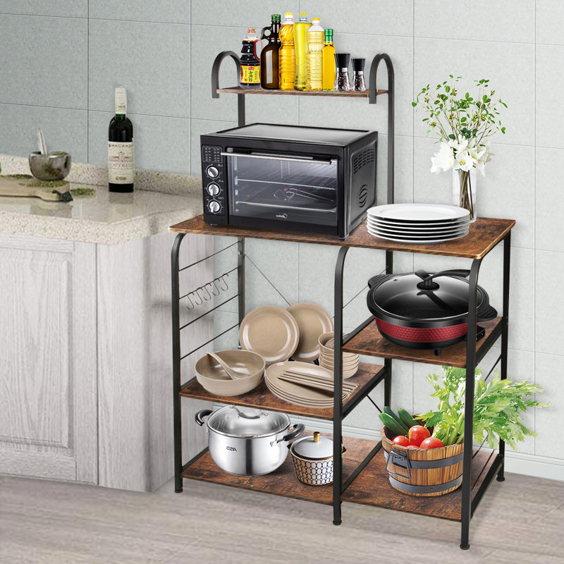 Étagère de boulanger standard 35,4 po en fer avec compatibilité micro-ondes, Brun / noir