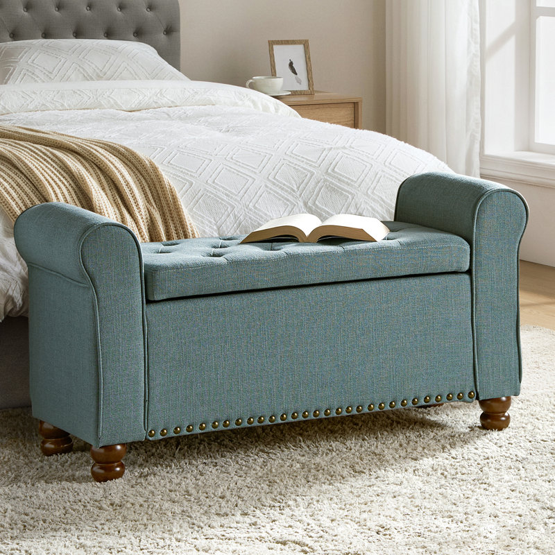 Alisdair 43.7'' W Flip Top Storage Bench with Nailhead and Solid Wood Legs, Blue