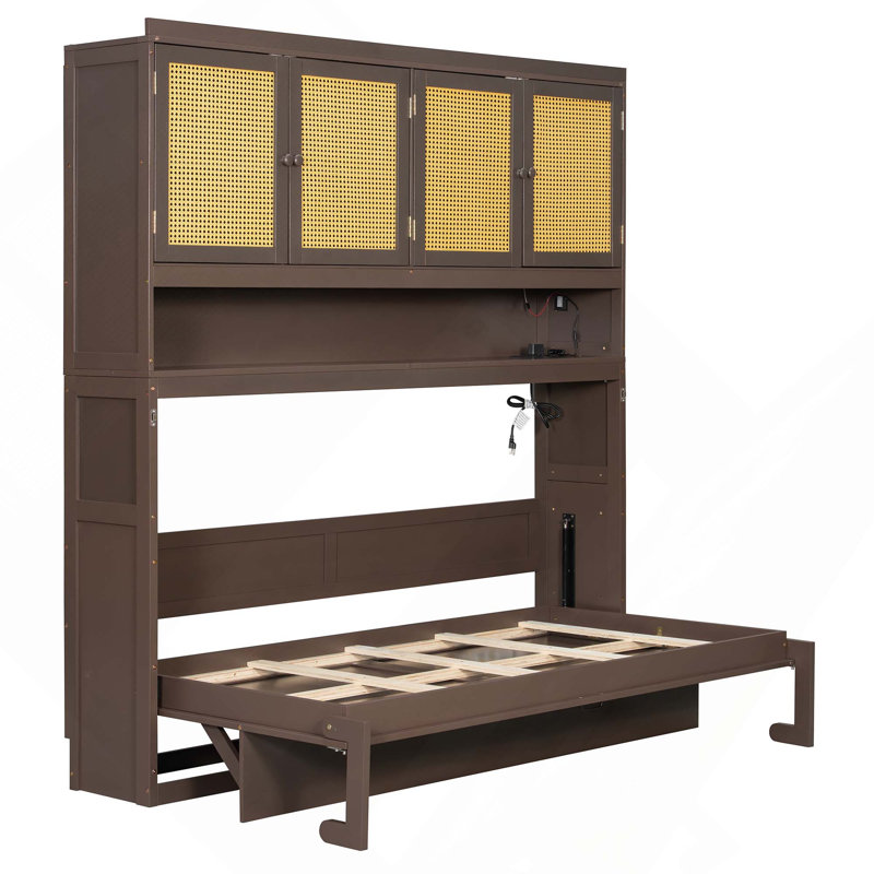 Lit escamotable simple pliable à économie d'espace avec armoire supérieure, lumière et USB, Espresso